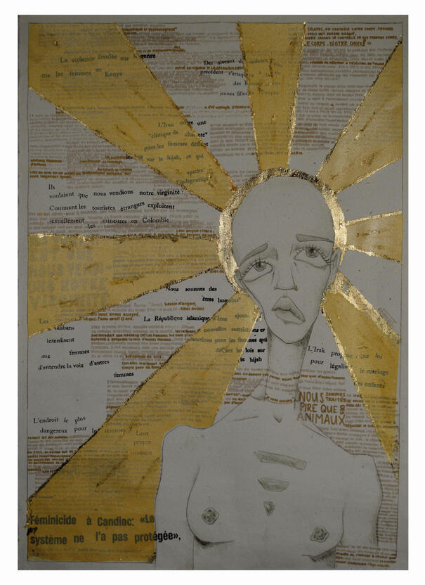Emma Tourigny, l’attaque sur la femme, 2024, sérigraphie, marqueurs, crayons de bois et feuille d’or, 75x53cm