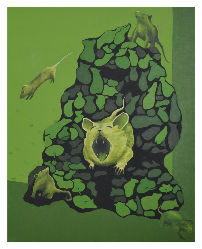 Emma Tourigny, dream of rats and the past -(détail), 2024, acrylique sur toile, 77x77cm, 77x77cm