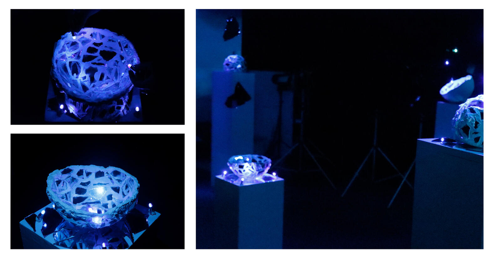 Emma Tourigny, Lei Mauro, Ruth Kephar Any Florian Régis, Isabella Rios Gonzales, réflexions (une sculpture interactive), 2024, plâtre, miroirs, lumières, dimensions n.d.