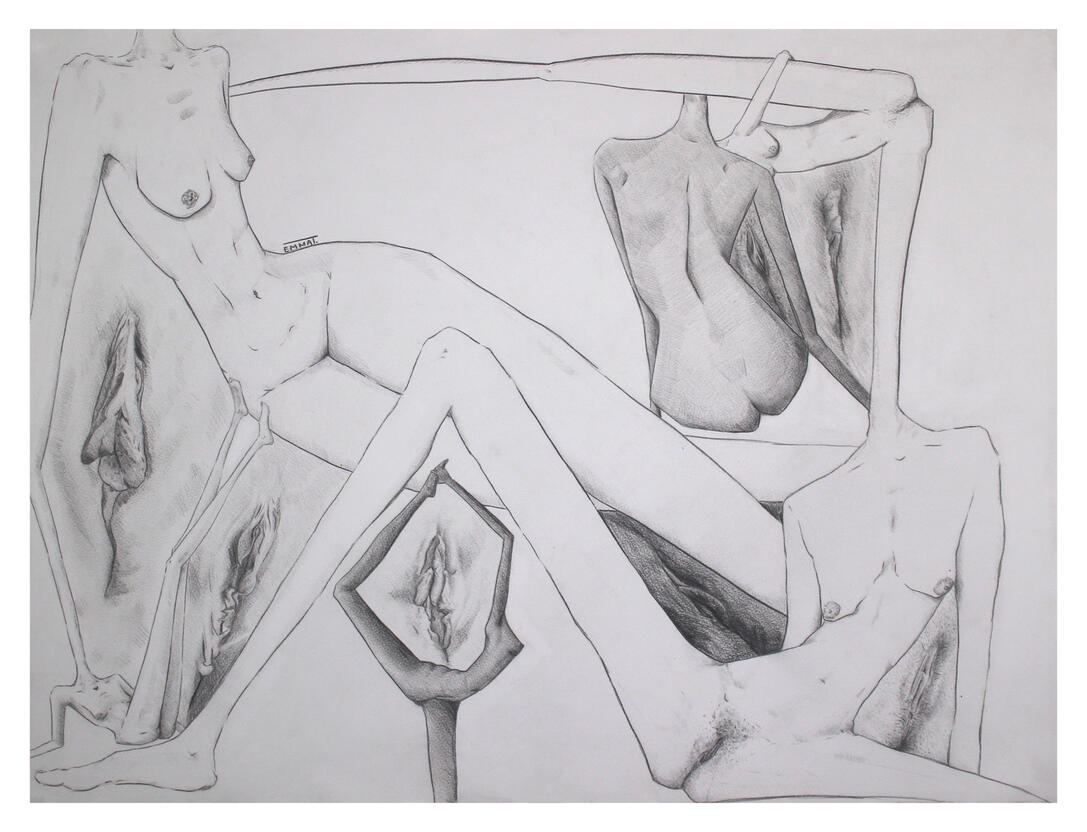 Emma Tourigny, public privates, 2025, crayons de bois sur papier aquarelle, 75x53 cm